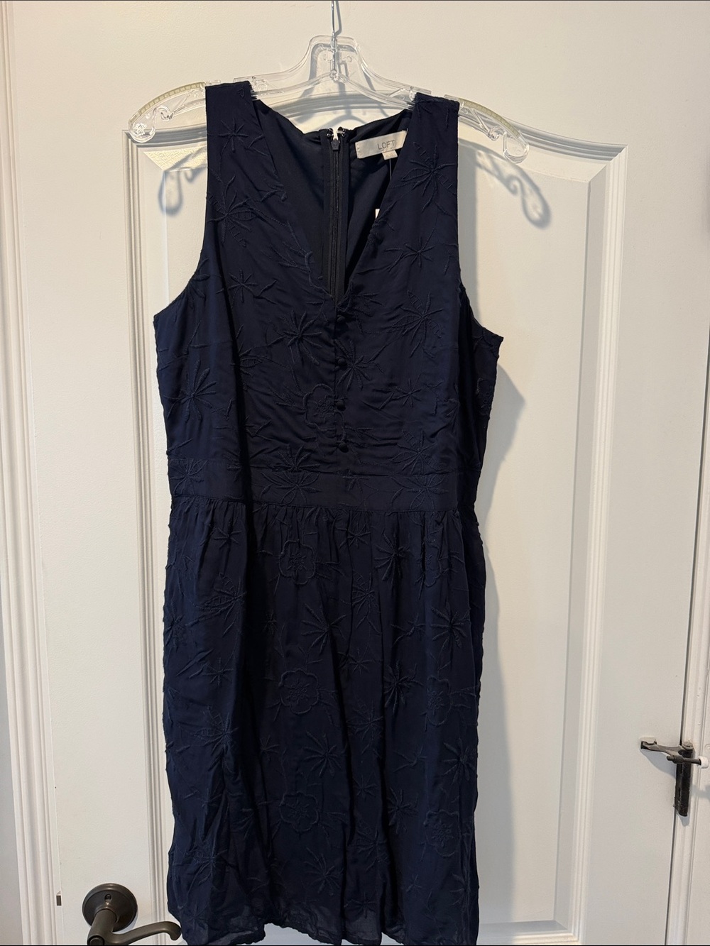 LOFT Navy Sleeveless Embroidered V-Neck Midi Dress